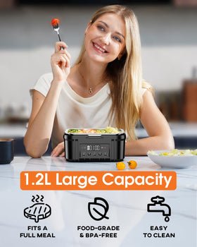 FERVINOW cordless lunch box showing 1.2L stainless container for hearty portions.