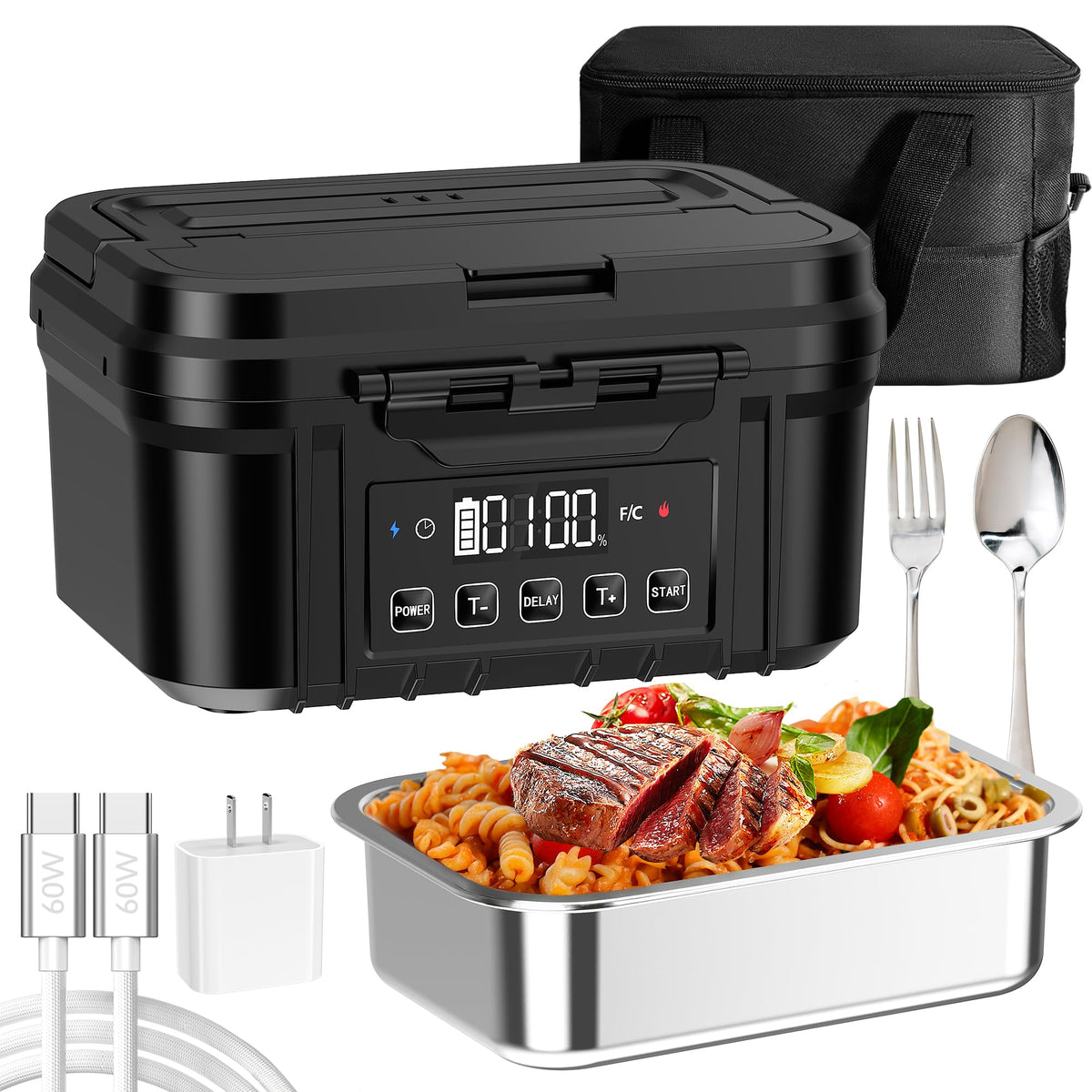 FERVINOW cordless lunch box with open lid and 1.2L stainless container for hot meals on the go.