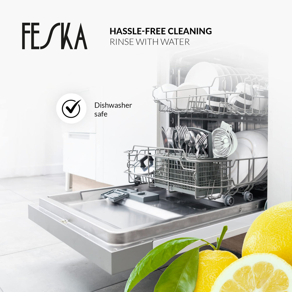 FESKA lemon juice setup with glass to showcase seedless juice.