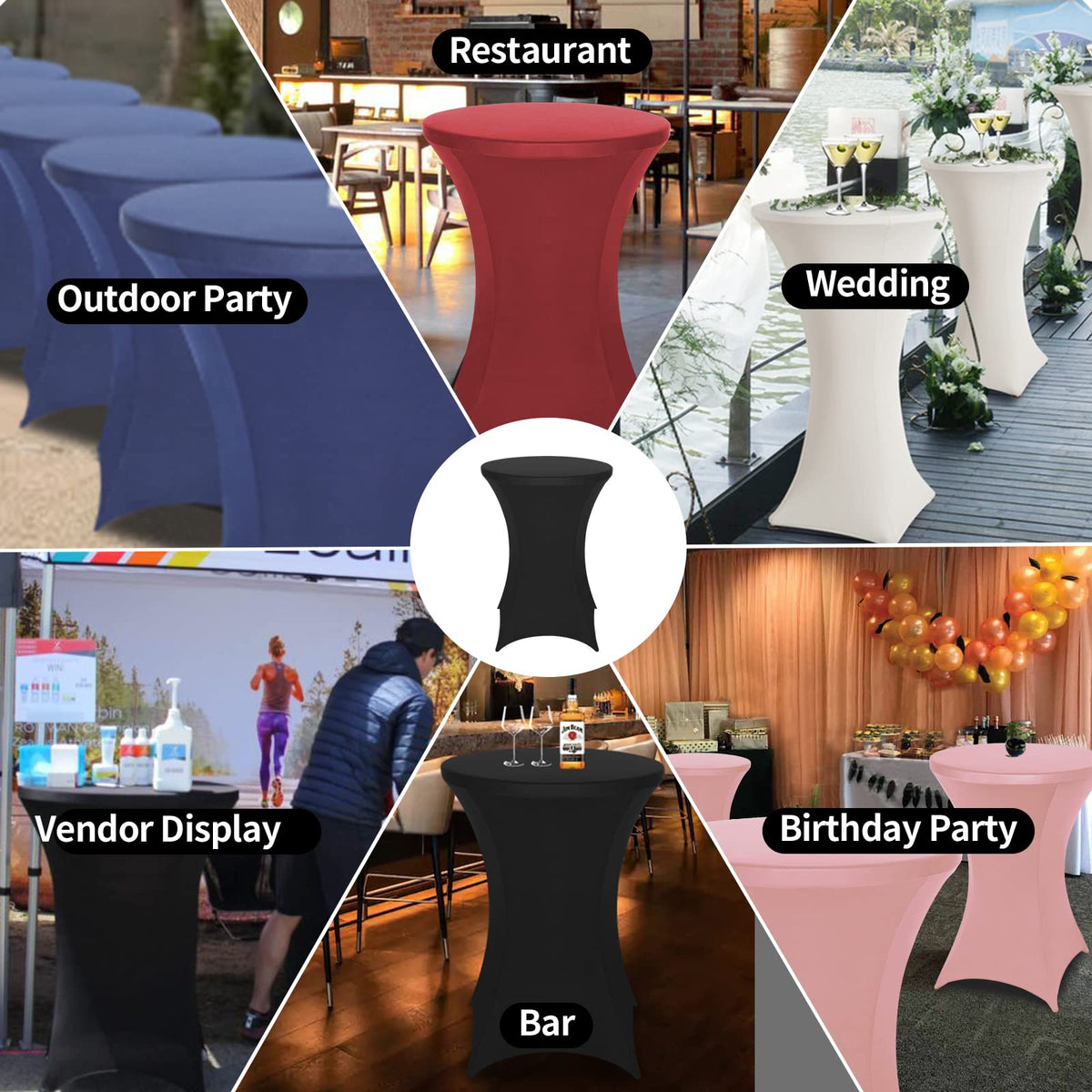 FestiCorp Spandex black table cover protecting under-table area from dust and scuffs