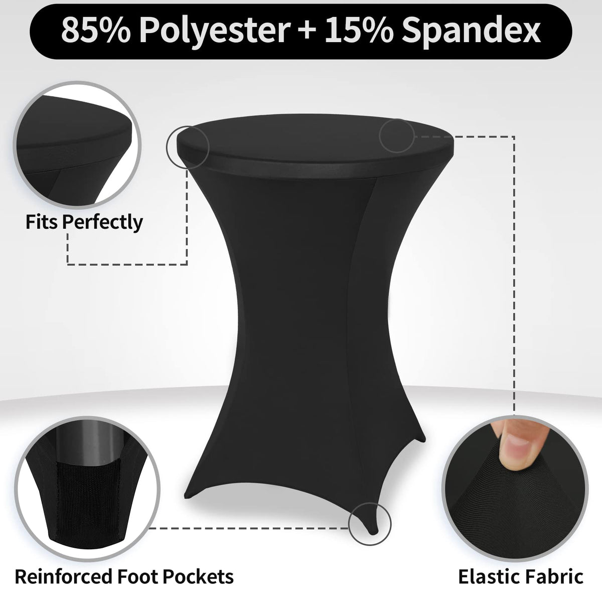 FestiCorp Spandex black table cover being installed by one person for quick setup