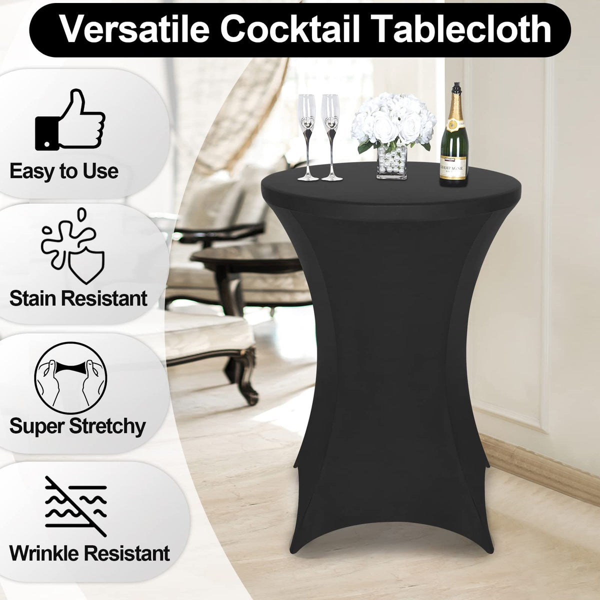 FestiCorp Spandex black table cover with elastic pockets displaying four-point leg fit
