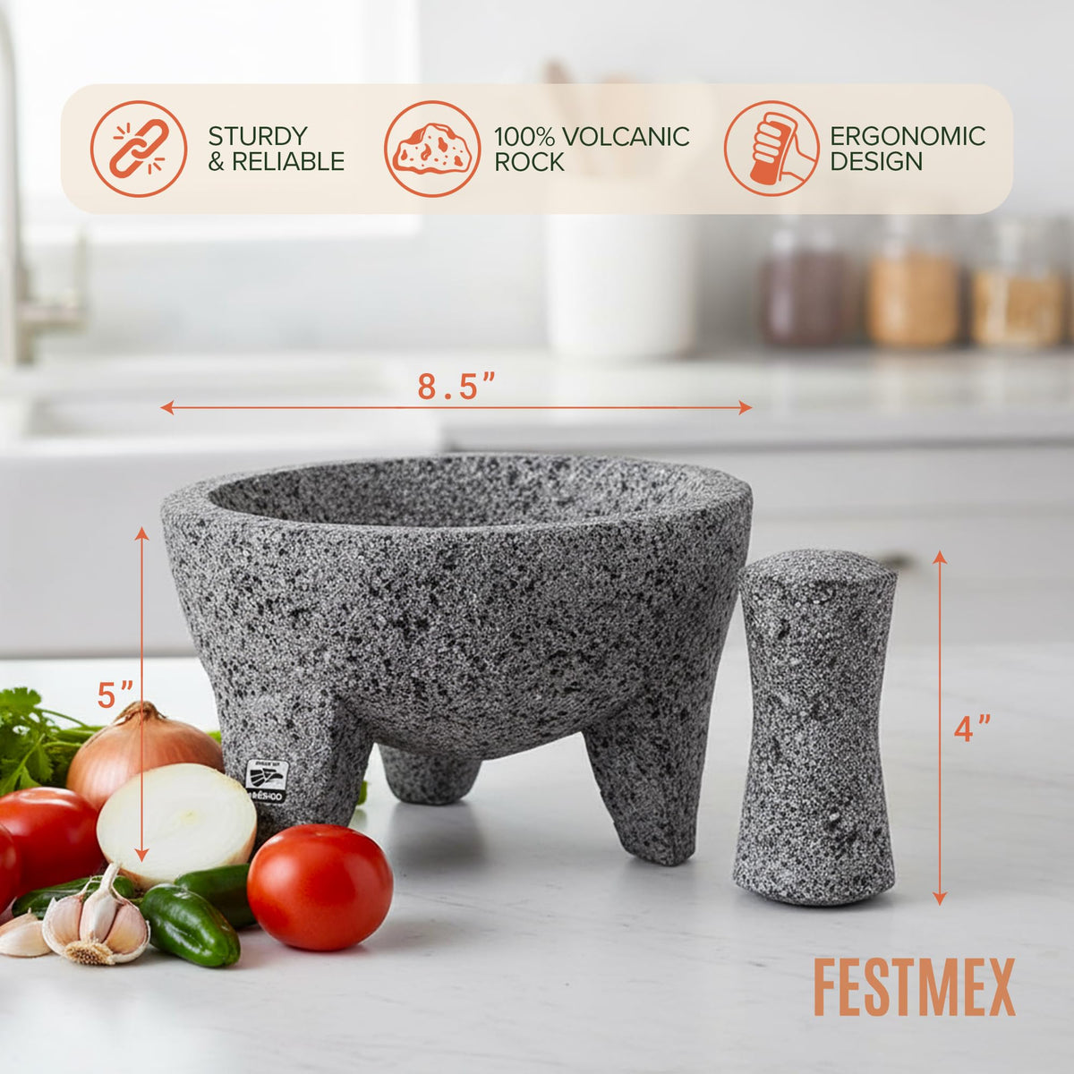 FESTMEX molcajete 8-inch side view shows sturdy craftsmanship for fresh salsas.
