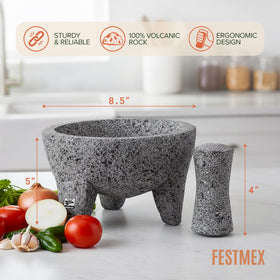 FESTMEX molcajete 8-inch side view shows sturdy craftsmanship for fresh salsas.