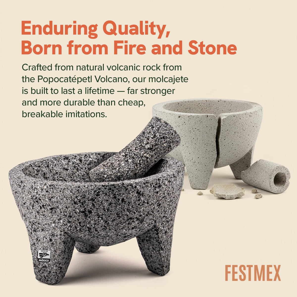 FESTMEX molcajete guacamole bowl scene showcases creamy avocado mash.