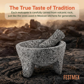FESTMEX molcajete in kitchen setup ready for salsa or guacamole prep.