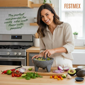 FESTMEX molcajete texture close-up highlights natural stone and seasoning potential.