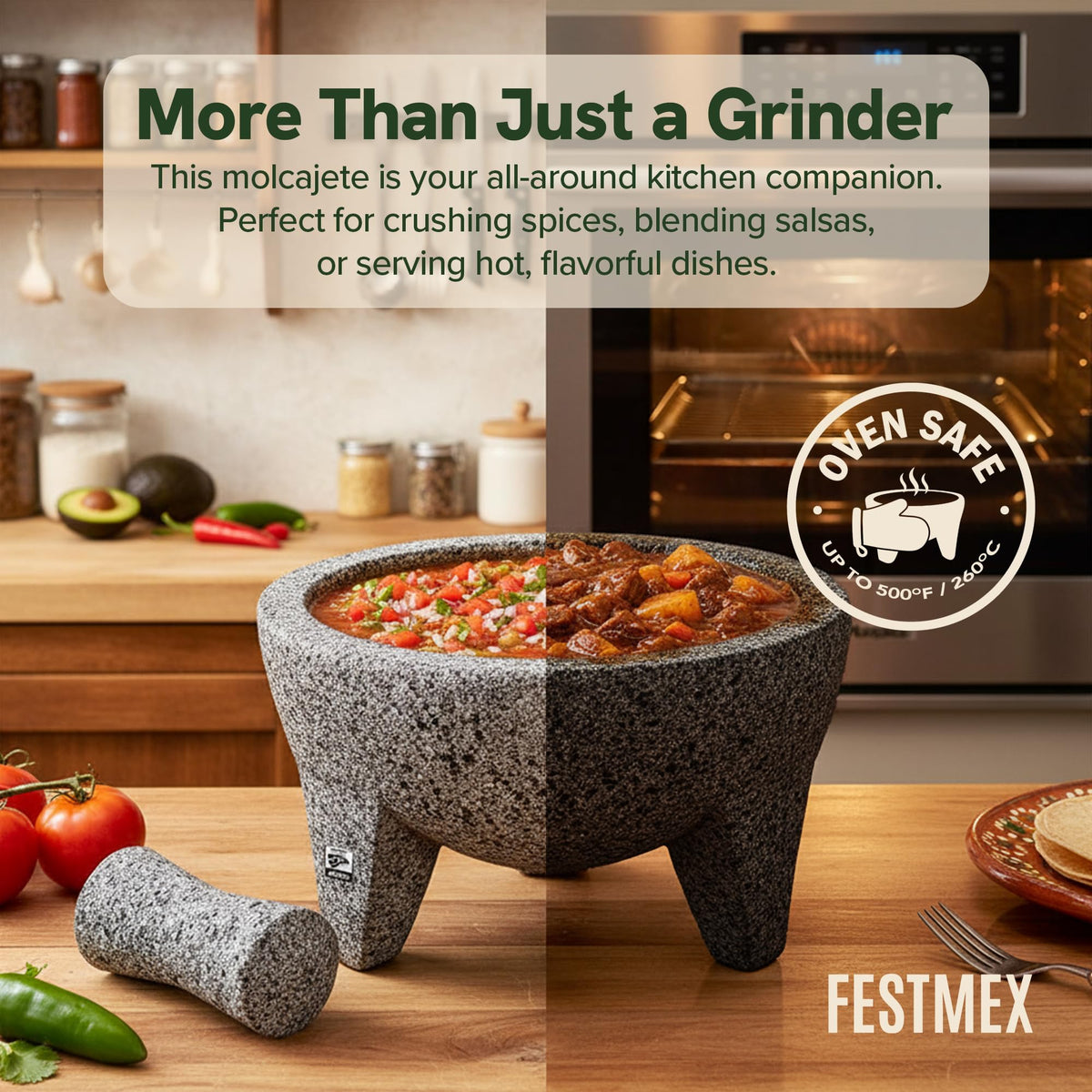 FESTMEX tejolote 4-inch close-up shows grinding end ideal for garlic and herbs.