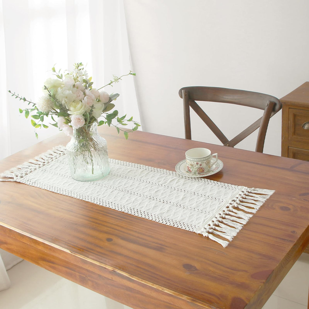 FEXIA boho macrame table runner in cream, 36-inch length ideal for rustic dining decor.
