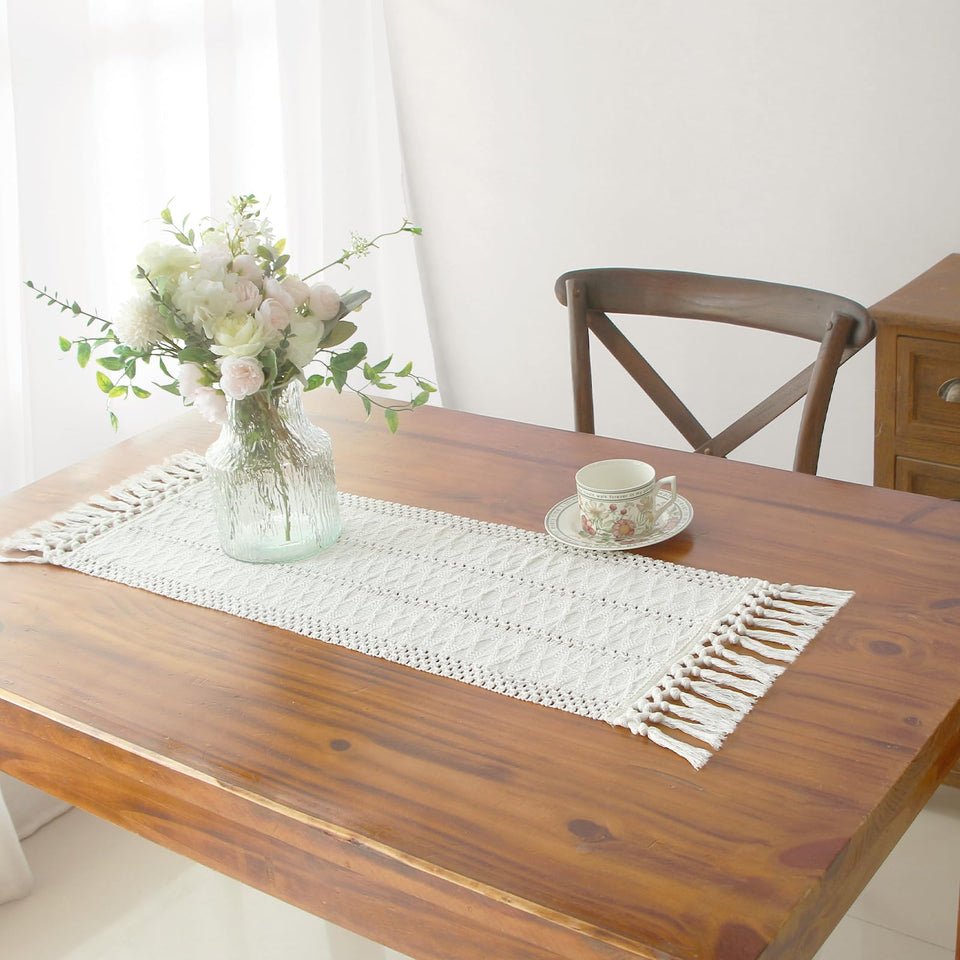 FEXIA boho macrame table runner in cream, 36-inch length ideal for rustic dining decor.