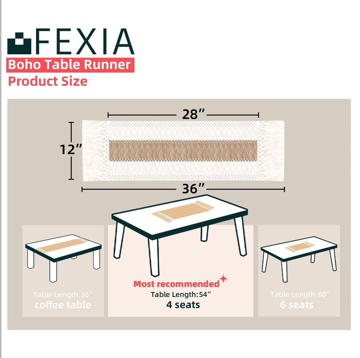 FEXIA 12x36 boho runner showcases size and versatile placement on dining tables.