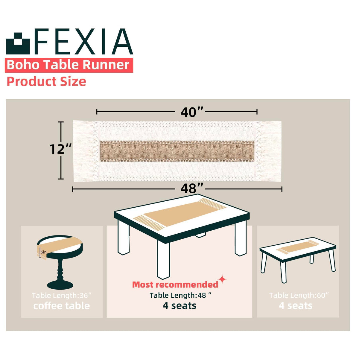 FEXIA boho table runner closeup macrame weave enhances texture and artisanal vibe.