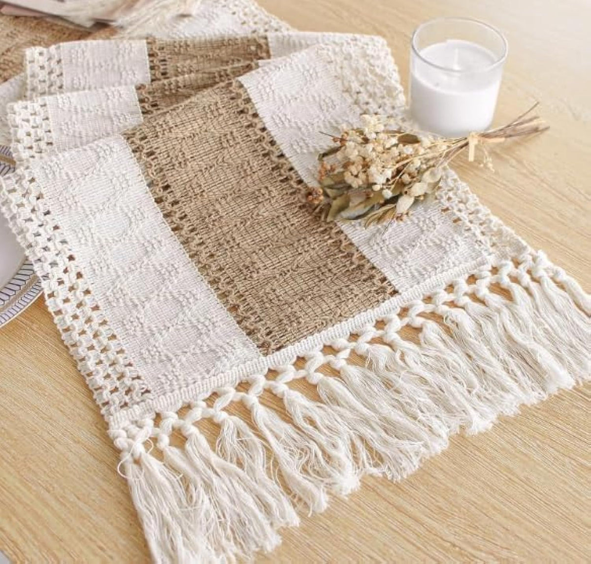 FEXIA boho table runner in cream and brown macrame for 4-8 seat dining