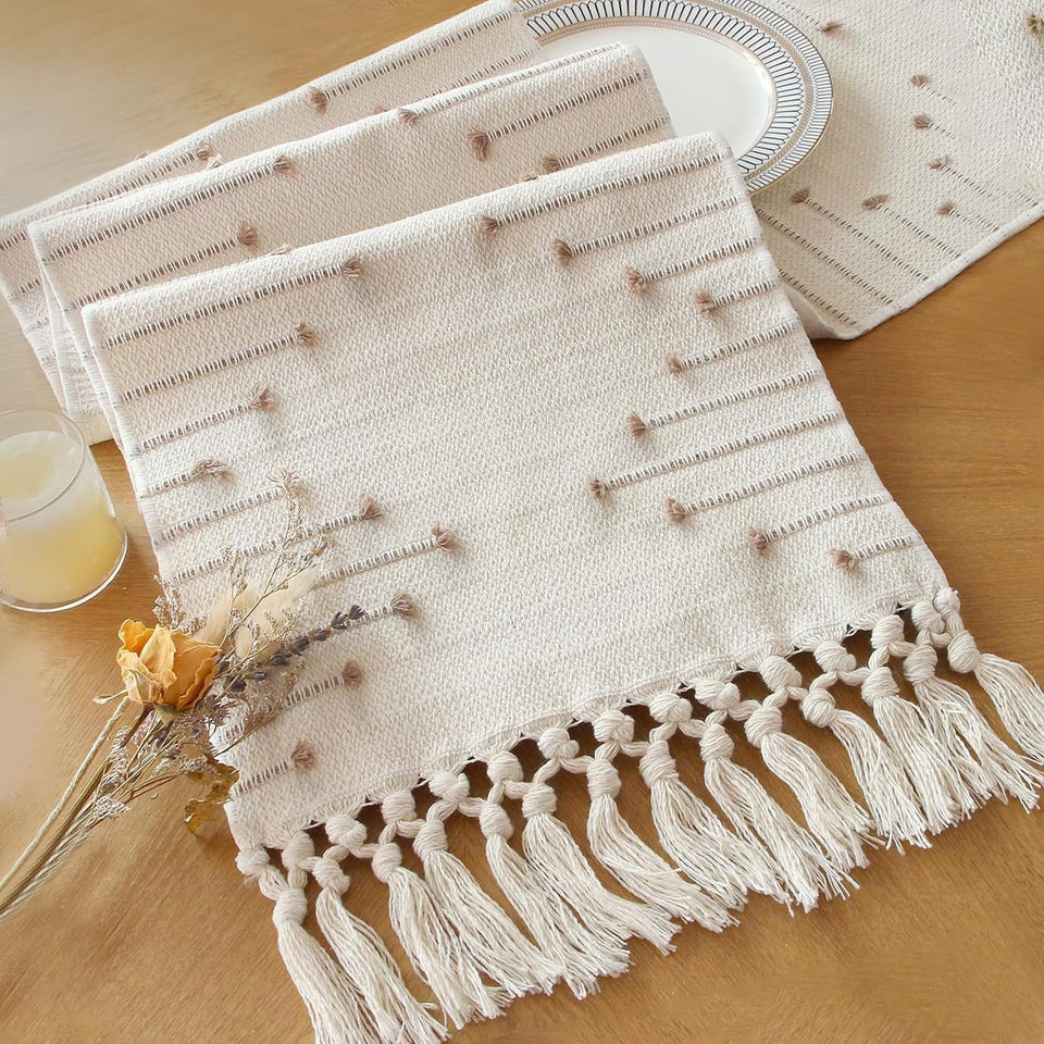 FEXIA boho table runner tassels close-up texture showing durable, soft fabric.