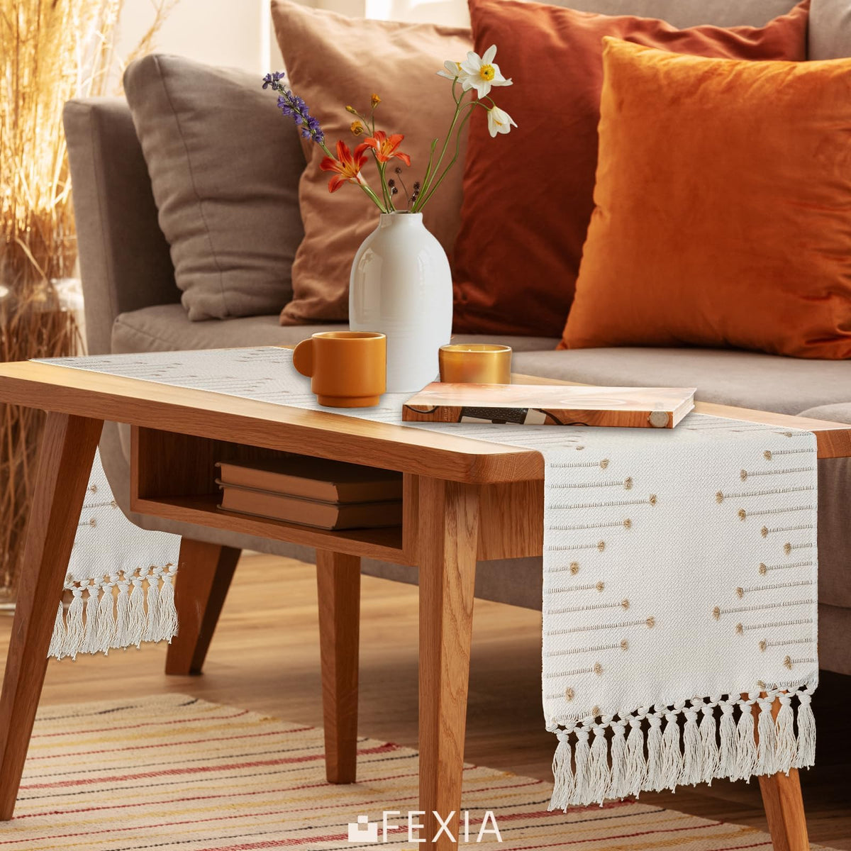 FEXIA boho runner on coffee table inspires cozy gatherings.