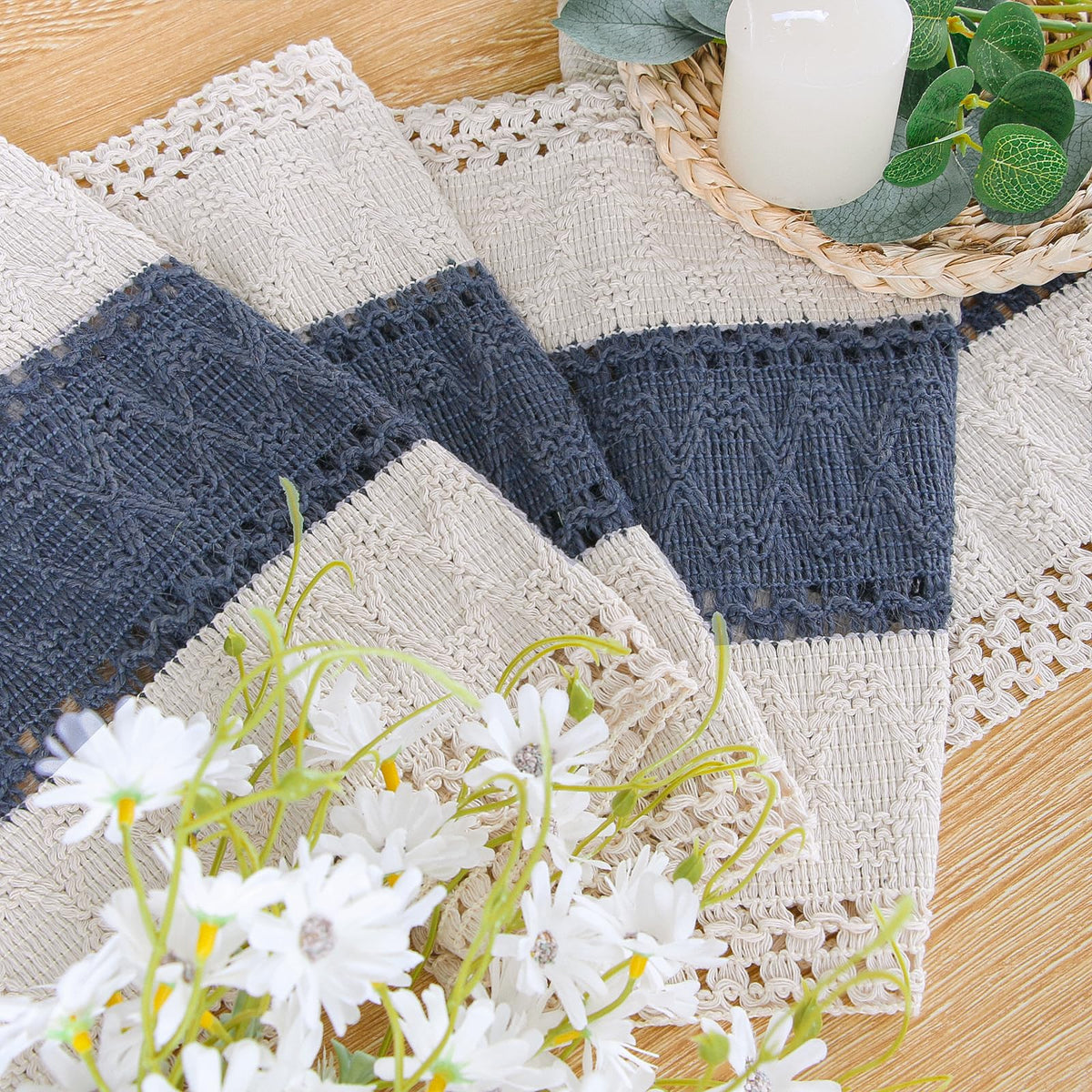 FEXIA farmhouse decor cream and blue macrame table runner for cozy spaces.