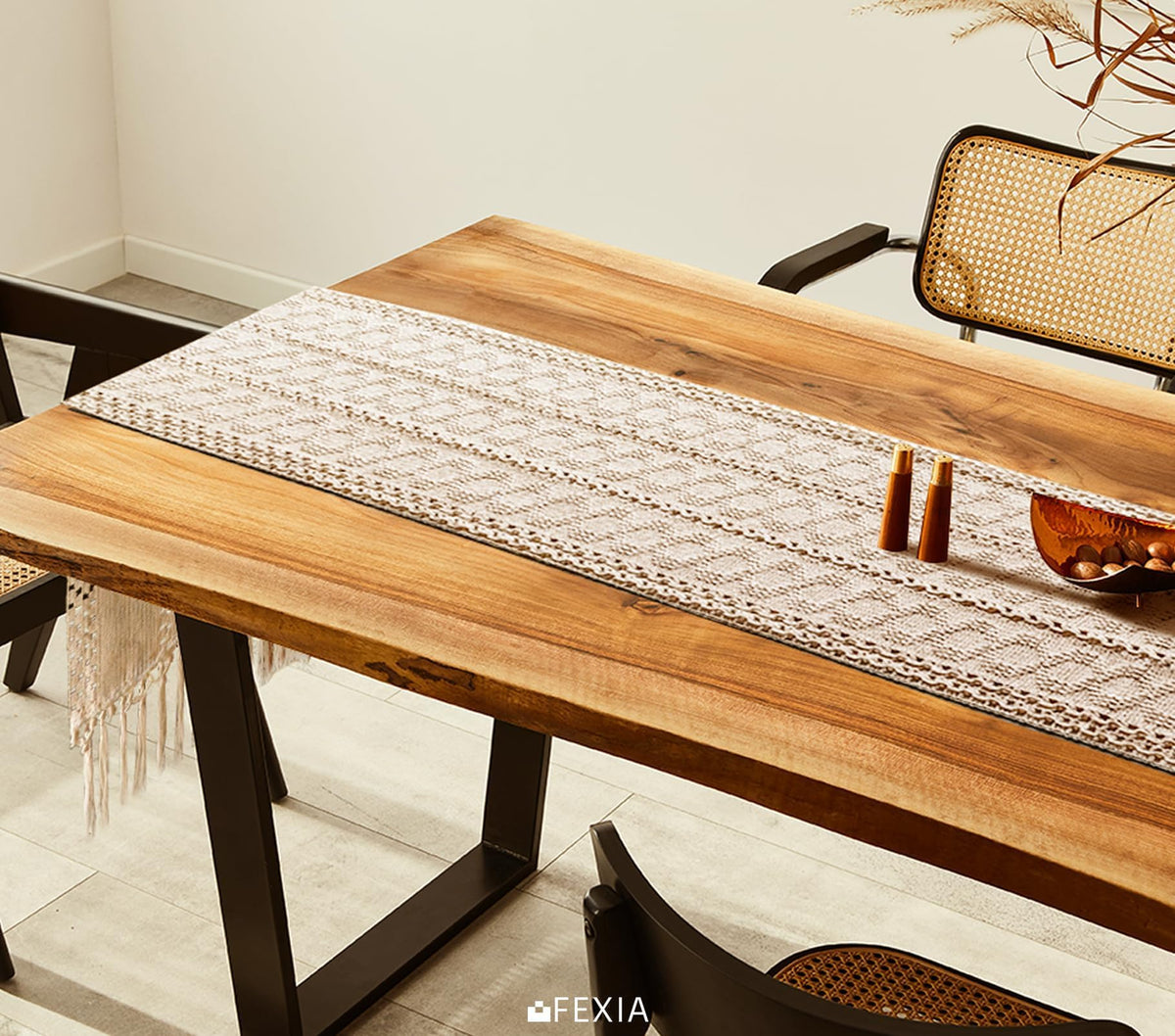 FEXIA bridal shower or gift-ready decor idea with cream macrame runner.