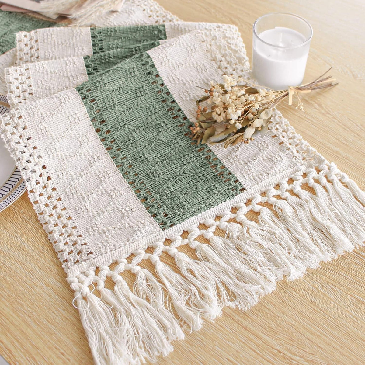 FEXIA sage green table runner with tassels on a dining table for rustic charm.