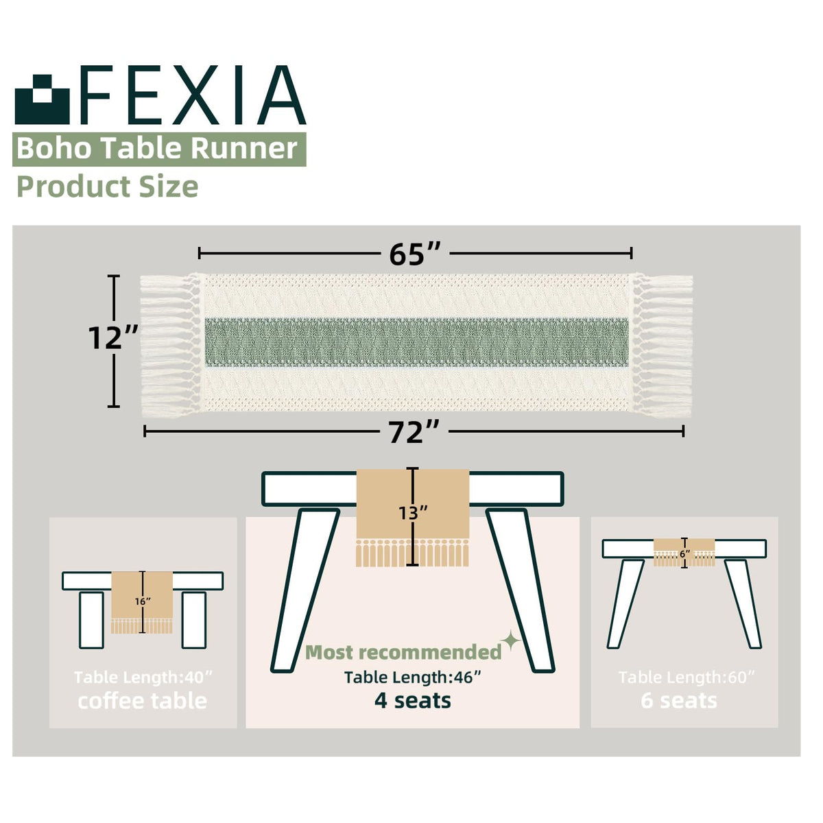 FEXIA macrame detail on sage green table runner, highlighting handmade texture.