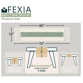 FEXIA macrame detail on sage green table runner, highlighting handmade texture.