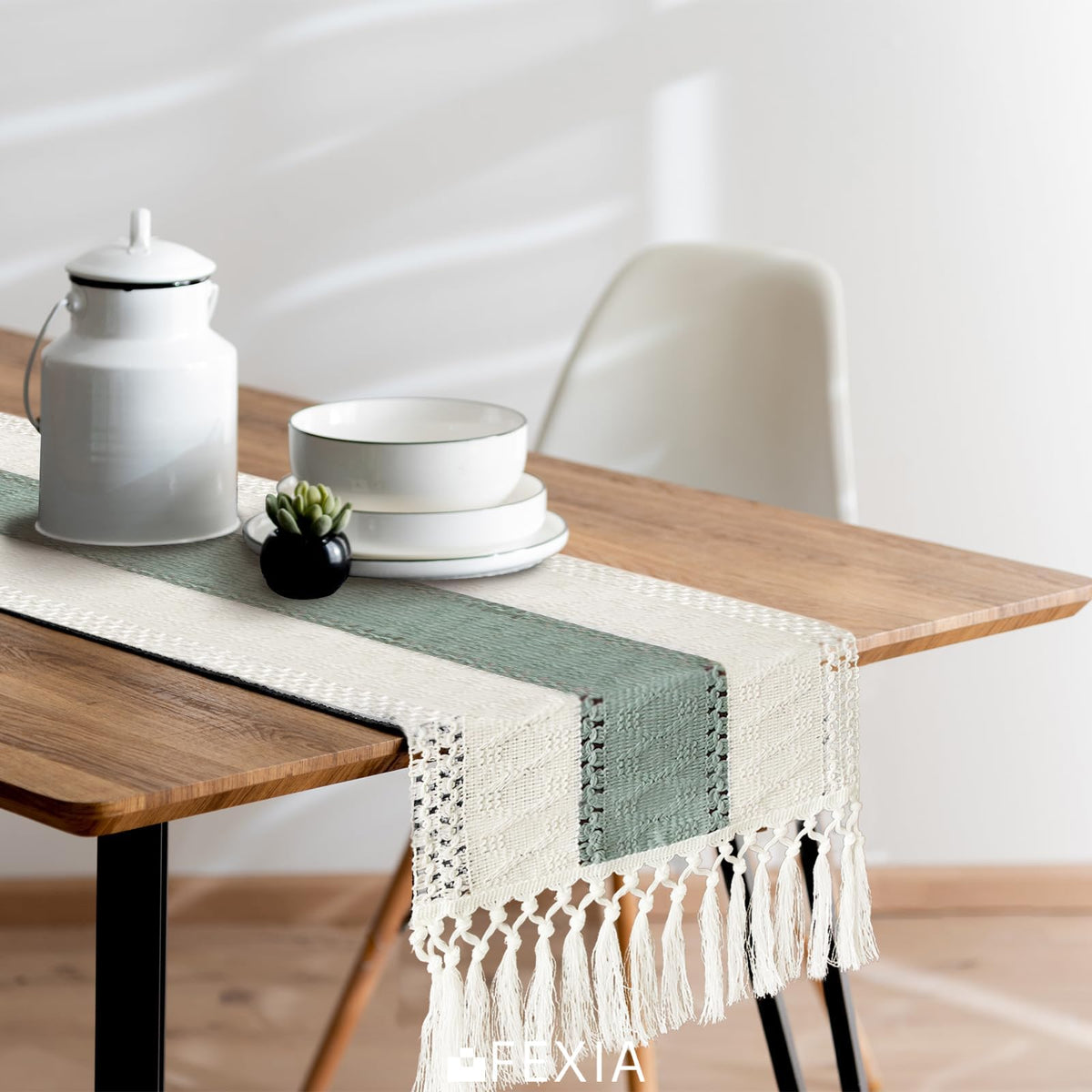 FEXIA sage green table runner complements farmhouse decor and year-round tablescapes.