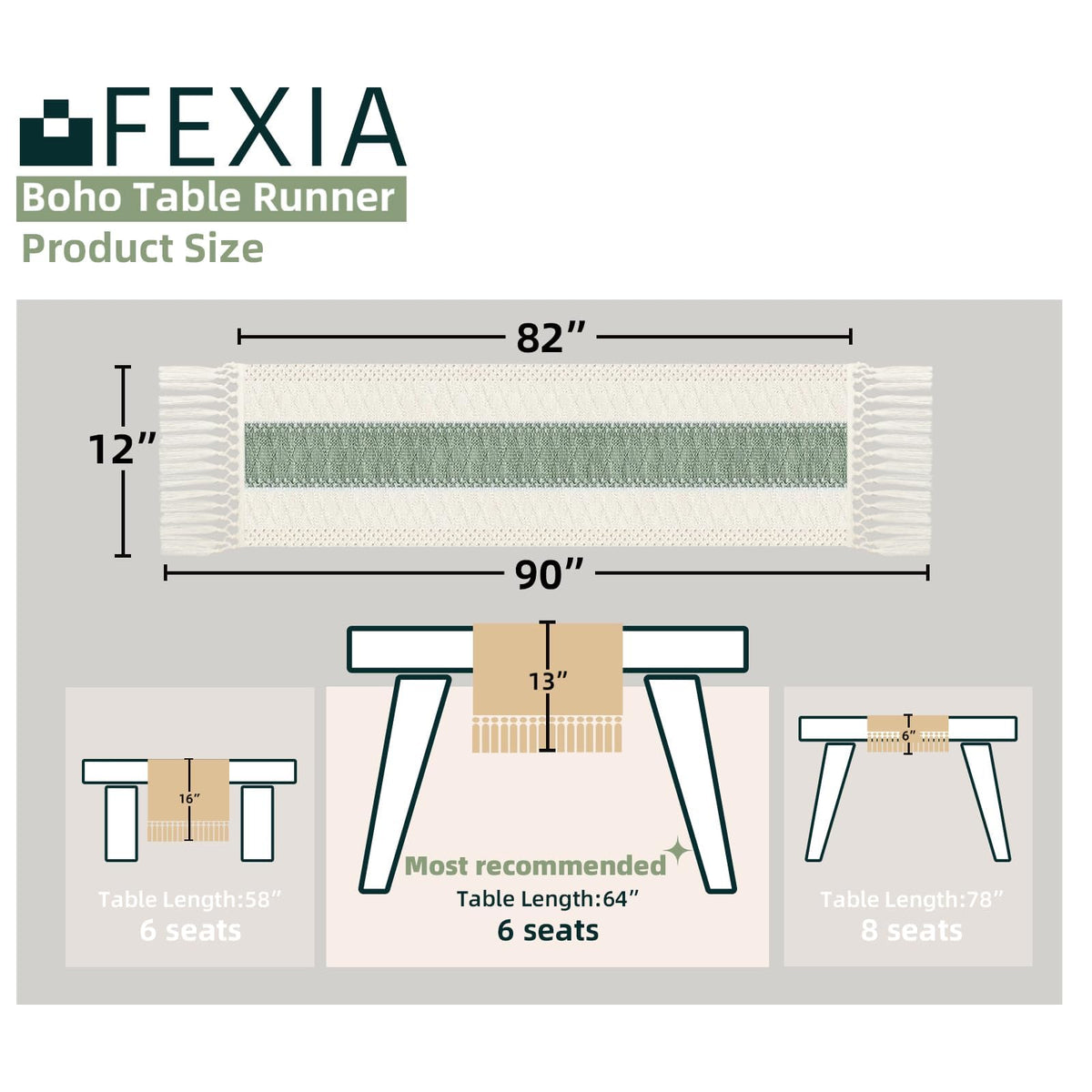 FEXIA sage green table runner macrame pattern creates a boho focal point.