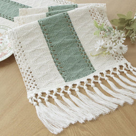 FEXIA sage green table runner with tassels adds rustic charm to any dining setup.