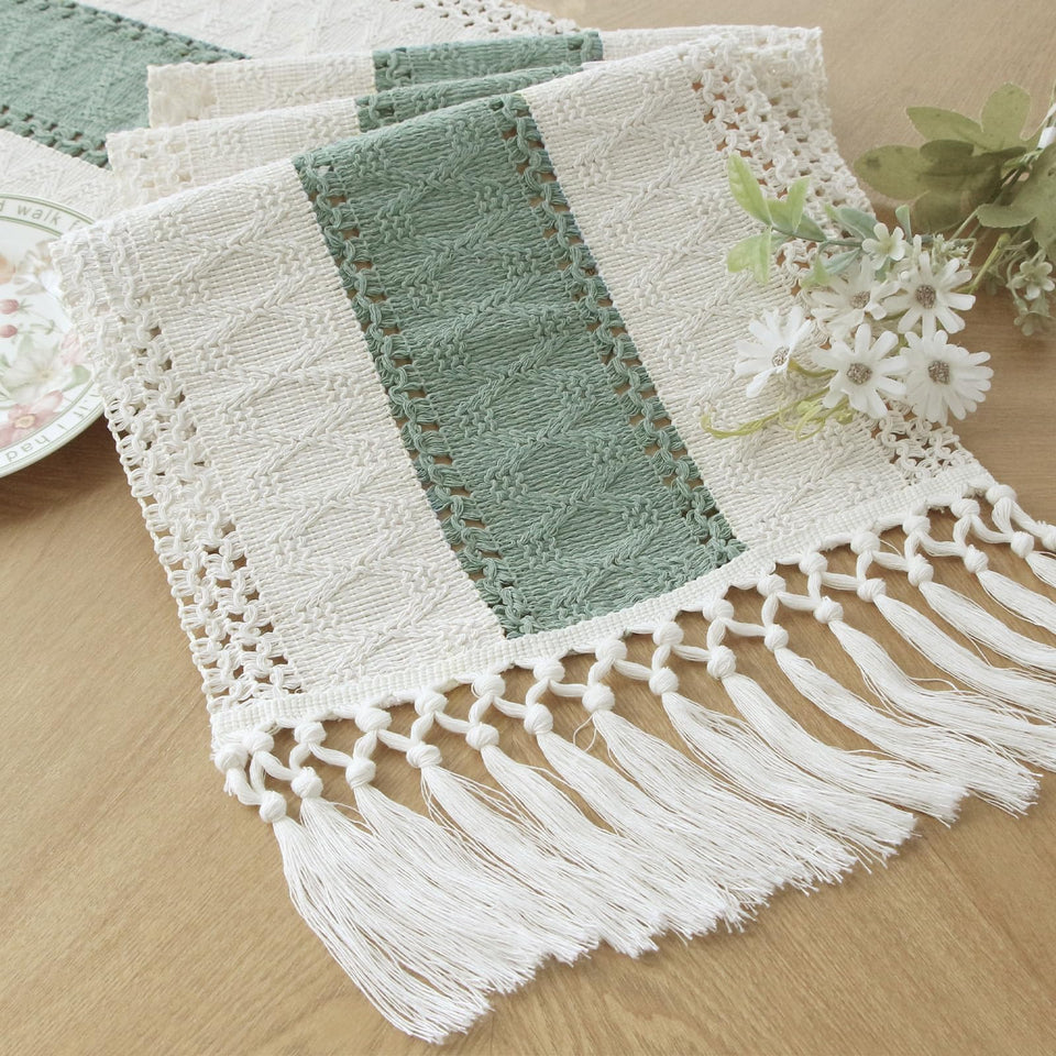 FEXIA sage green table runner with tassels adds rustic charm to any dining setup.