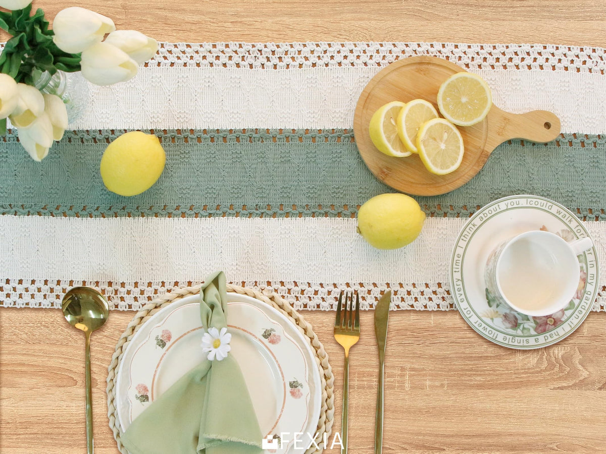 FEXIA sage green table runner suits bridal showers and holiday gatherings.