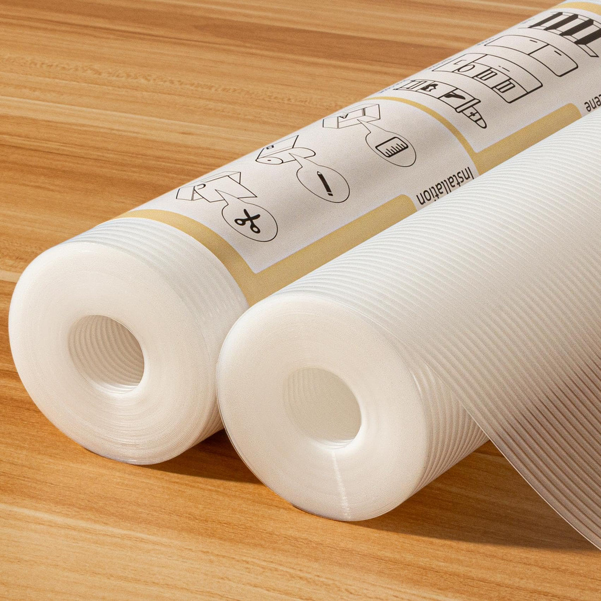 FEXIA shelf liner on a kitchen cabinet with a non-slip, waterproof surface for organized storage.