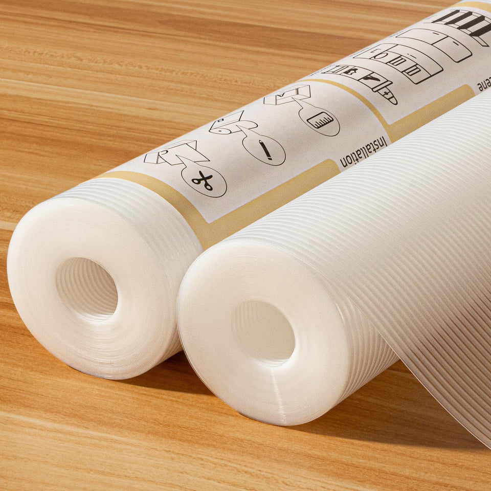 FEXIA shelf liner on a kitchen cabinet with a non-slip, waterproof surface for organized storage.