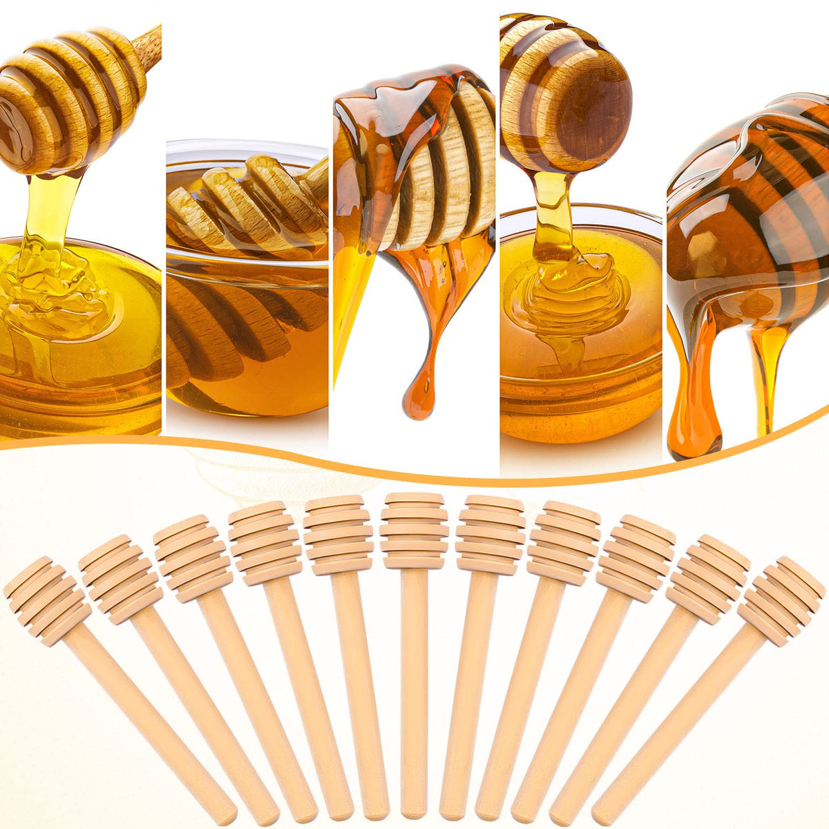 FFNIU honey dipper sticks being used to drizzle honey on toast