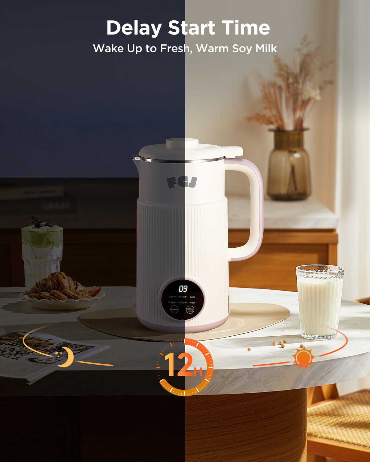 FGJ Nut Milk Maker timer display highlights programmable start for busy mornings