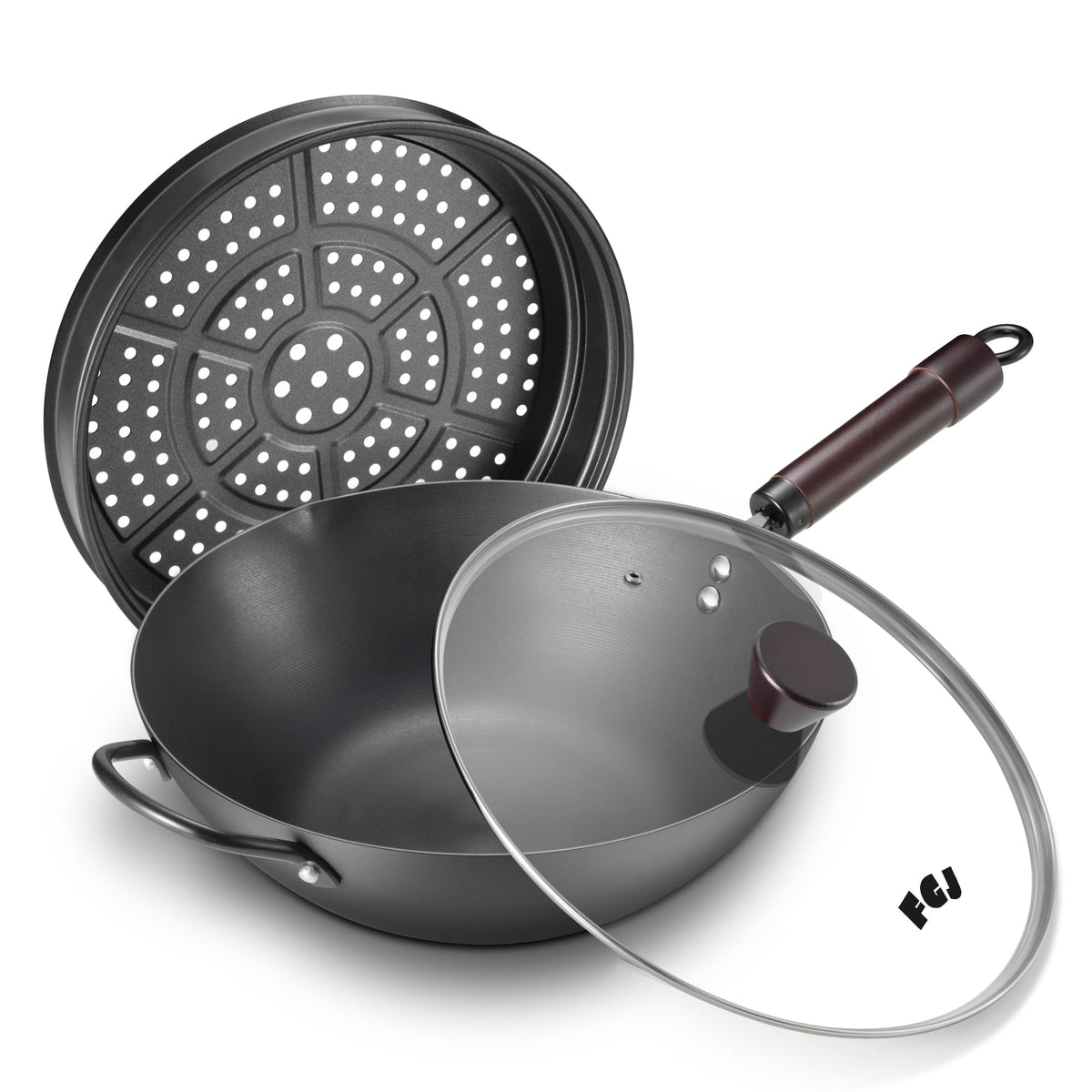 FGJ 13-inch pre-seasoned carbon steel wok ready for quick searing and easy release.