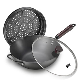 FGJ 13-inch pre-seasoned carbon steel wok ready for quick searing and easy release.