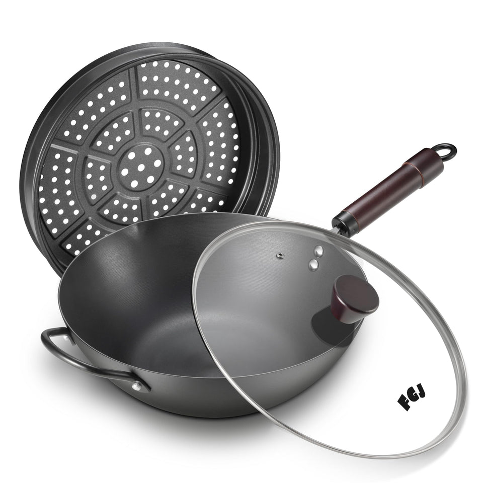 FGJ 13-inch pre-seasoned carbon steel wok ready for quick searing and easy release.