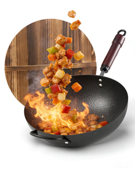 FGJ Wok Pan with wooden lid highlighting heat retention for tender stir-fries.
