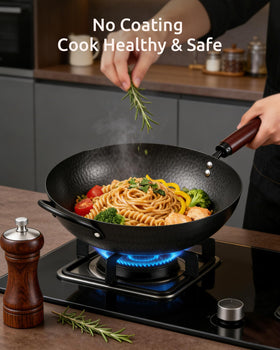 FGJ Wok Pan flat bottom on stove for steady contact and even heating.