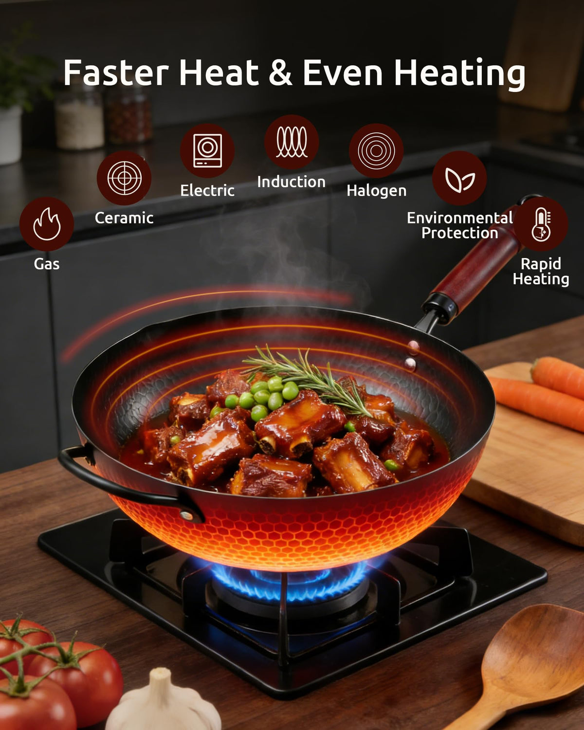 FGJ Wok Pan seasoned surface demonstrates natural nonstick for low-oil cooking.
