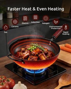 FGJ Wok Pan seasoned surface demonstrates natural nonstick for low-oil cooking.