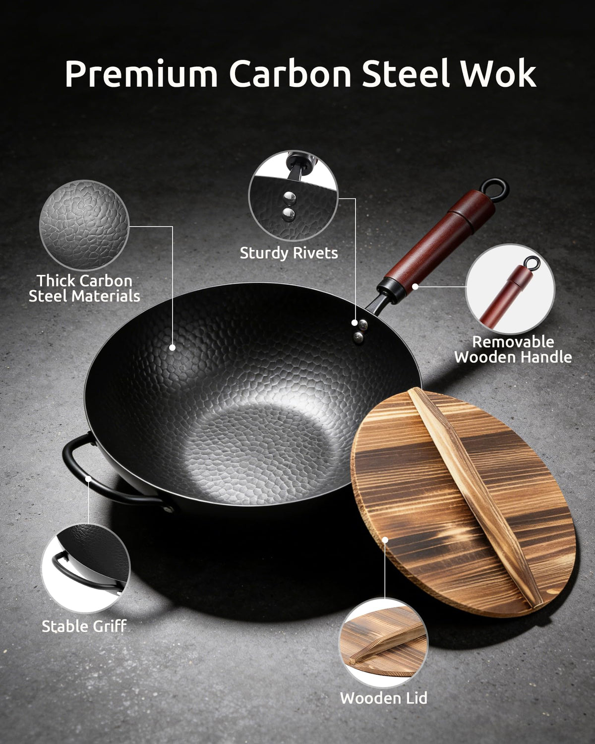 FGJ Wok Pan wooden lid detail conveys contained steam and flavor retention.