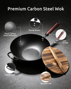 FGJ Wok Pan wooden lid detail conveys contained steam and flavor retention.