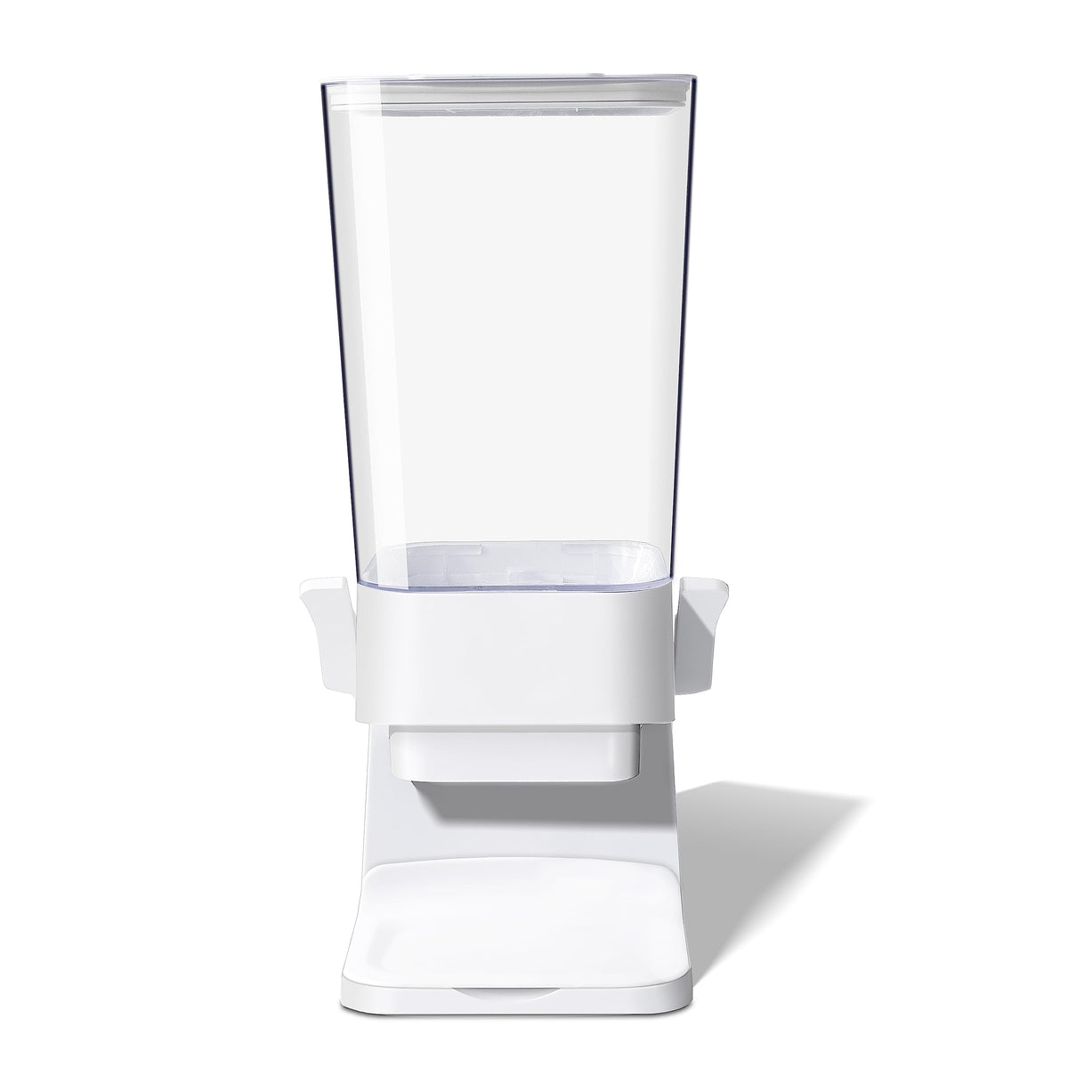 FHJP cereal dispenser front view on a clean white countertop showing sleek white design