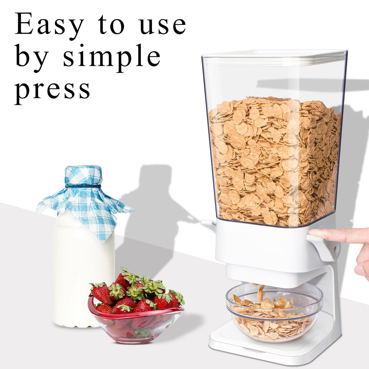 FHJP cereal dispenser trapdoor-no-crush feature preserves cereal texture