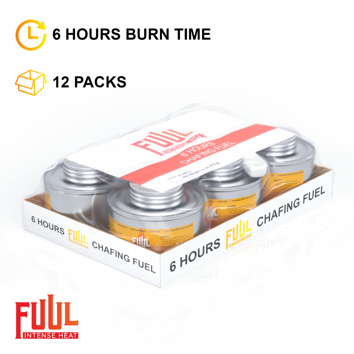 FHS Retail 6 Hour Chafing Fuel burn time highlighted for consistent warmth