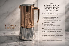 FIAMMA AND FERRO stovetop espresso maker in kitchen setting.