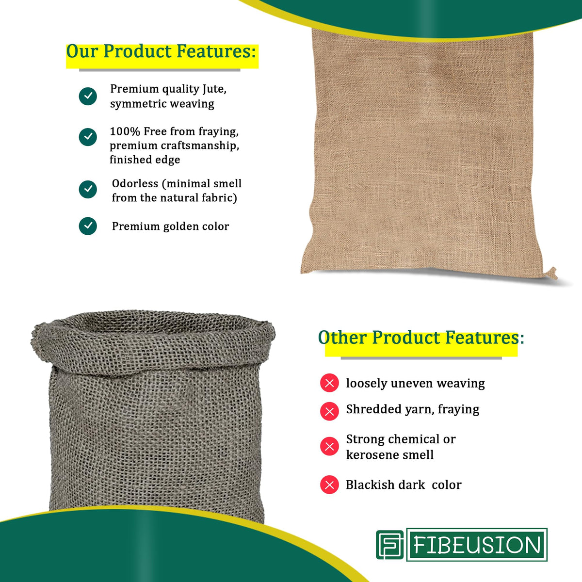 FIBEUSION natural burlap texture close-up highlights eco-friendly, odor-free material.