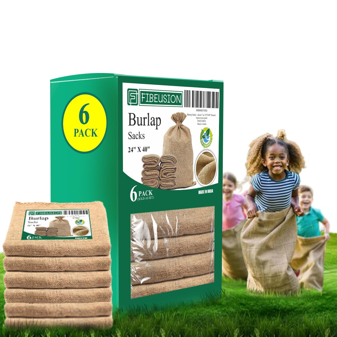 FIBEUSION heavy-duty burlap sack front view highlighting 50 lb capacity for storage.