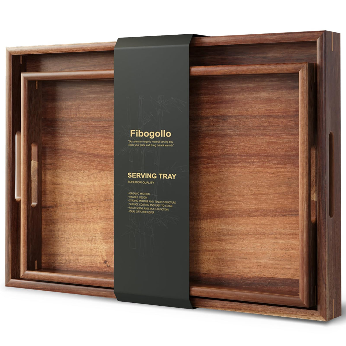 Fibogollo large acacia tray with handles for easy meal and fruit serving