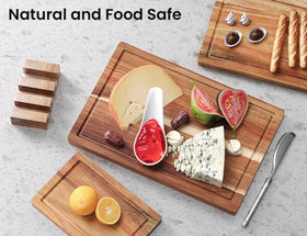 Fibogollo large acacia cutting board with juice groove for meats and big vegetables.